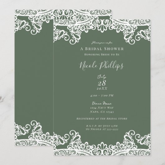 Invitation Rustique Olive & Dentelle Élégante Fête de Mariage (Devant / Derrière)
