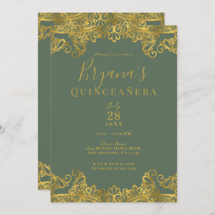 Invitation Rustique Olive & Or dentelle élégant Quinceañera