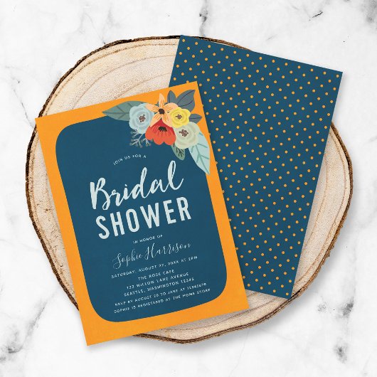 Invitation Rustique Orange Bleu Floral Douche nupt