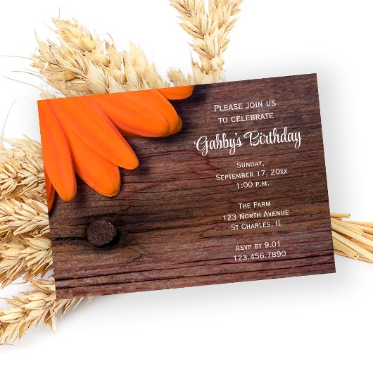Invitation Rustique Orange Daisy Anniversaire Fête de la gran