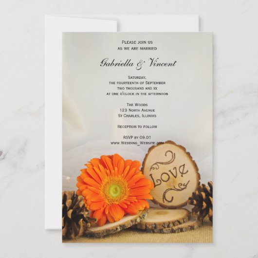 Invitation Rustique Orange Daisy Mariage de bois (Devant)