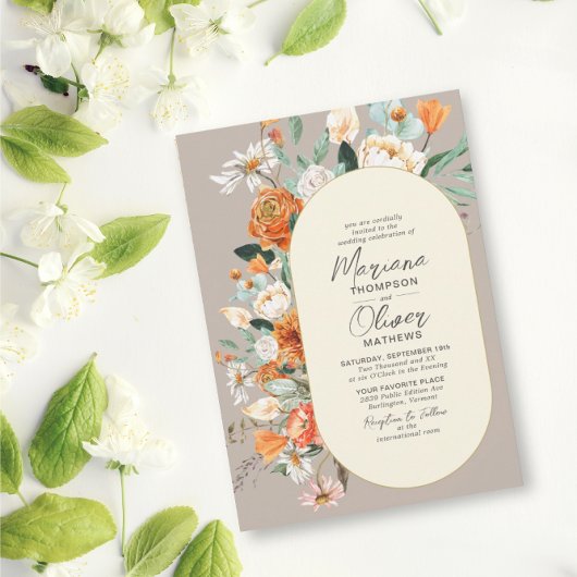 Invitation Rustique Orange Florals Double Arc Taupe Mariage