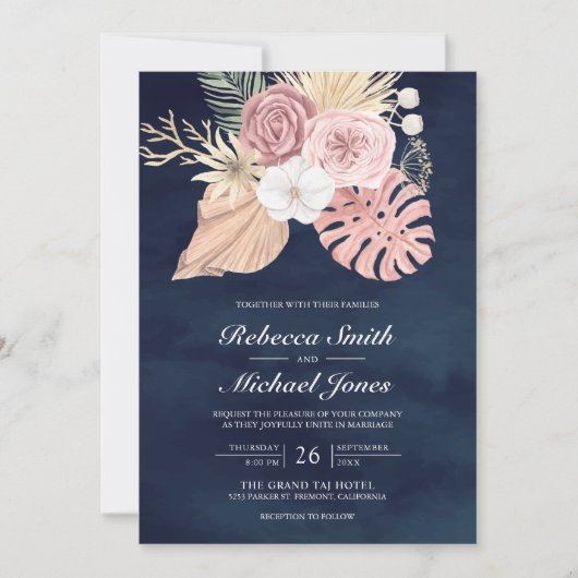 Invitation Rustique Palm Dusty rose Roses Marine QR Code Mari (Devant)