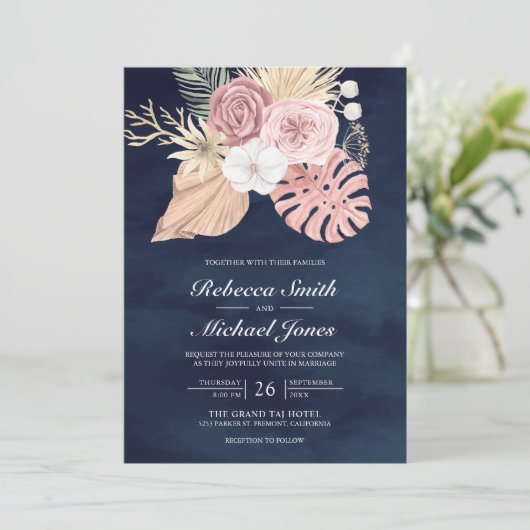 Invitation Rustique Palm Dusty rose Roses Marine QR Code Mari (Debout devant)