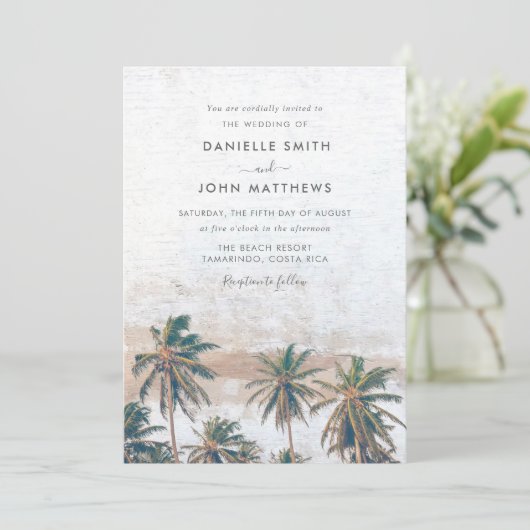 Invitation Rustique Palm Tree Beach Destination Mariage (Debout devant)