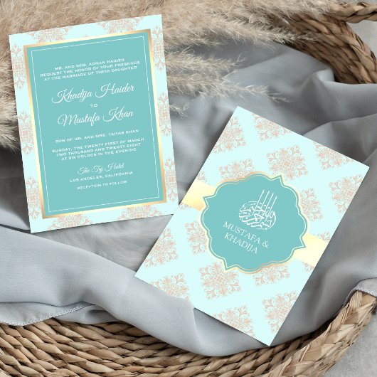 Invitation Rustique Pastel Aqua Blue Damask Mariage musulman