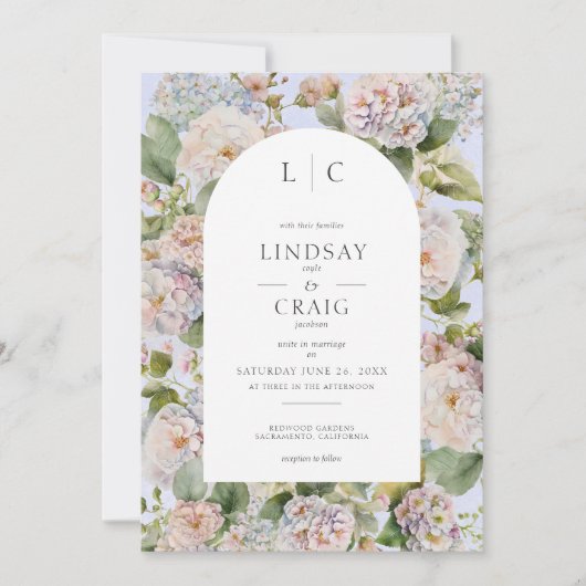 Invitation Rustique Pastel Hydrangea Floral Monogram Périwink (Devant)