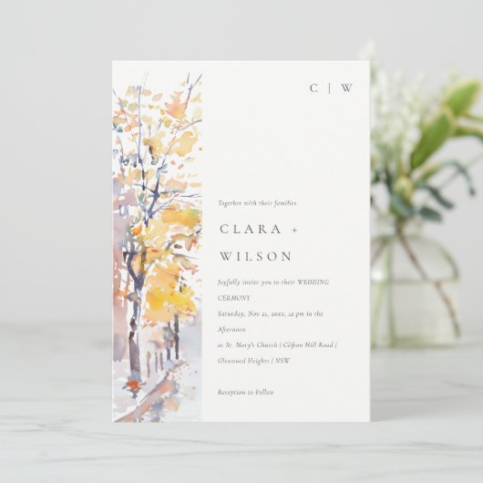 Invitation Rustique Pastel Jaune automne Mariage paysage auto (Debout devant)