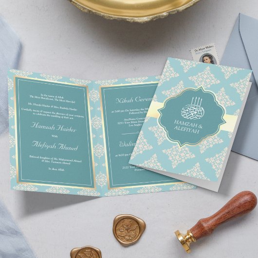 Invitation Rustique Pastel Turquoise Cream Damask Musulman Ma