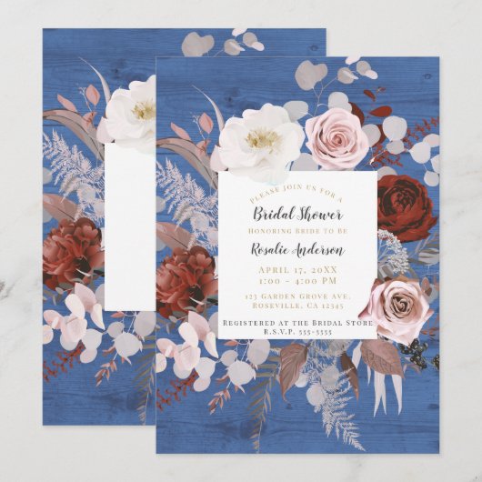 Invitation Rustique Pays Bleu Bois Floral Fleuron Bridal Show (Devant / Derrière)