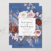 Invitation Rustique Pays Bleu Bois Floral Mariage (Devant / Derrière)