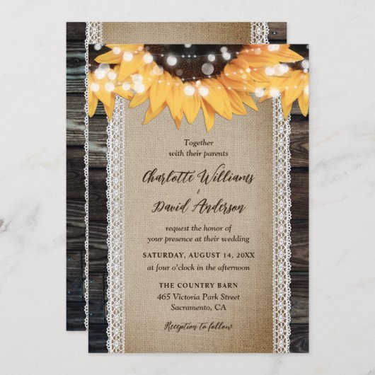 Invitation Rustique Pays Bois Burlap Dentelle Mariage de tour (Devant / Derrière)