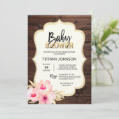 Invitation Rustique Pays Bois Floral Baby shower Or rose (Debout devant)