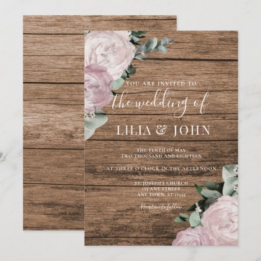 Invitation Rustique Pays Bois Floral Blush Mariage Rose (Devant / Derrière)