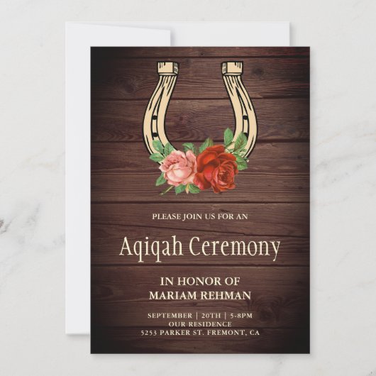 Invitation Rustique Pays Bois Floral Horseshoe Aqiqah (Devant)