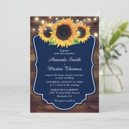 Invitation Rustique Pays Bois Marine Bleu Mariage de tourneso (Debout devant)