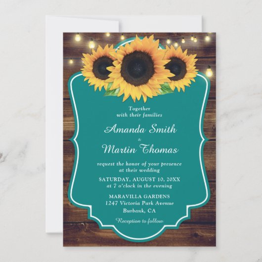 Invitation Rustique Pays Bois Turquoise Tournesol Mariage (Devant)