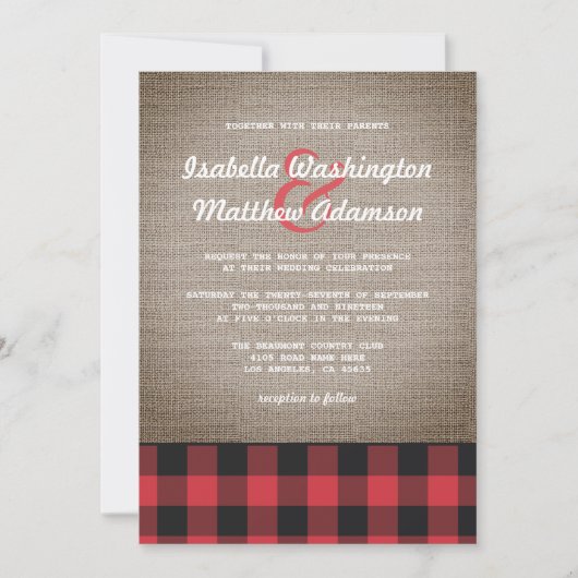 Invitation Rustique Pays Buffalo Plaid & Burlap Mariage (Devant)