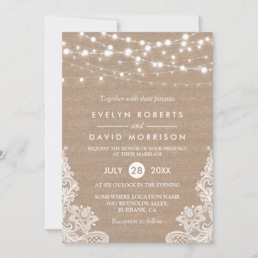 Invitation Rustique Pays Burlap String Lights Mariage dentell (Devant)