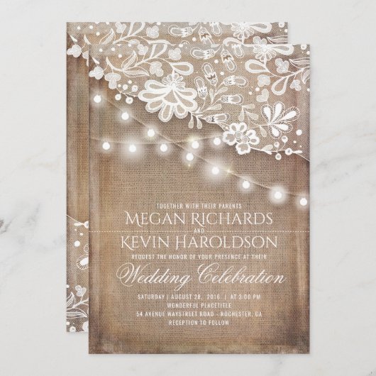 Invitation Rustique Pays Burlap String Lights Mariage dentell (Devant / Derrière)