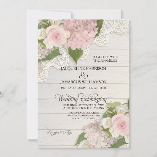 Invitation Rustique Pays dentelle bois n rose Hydrangeas Mari (Devant)