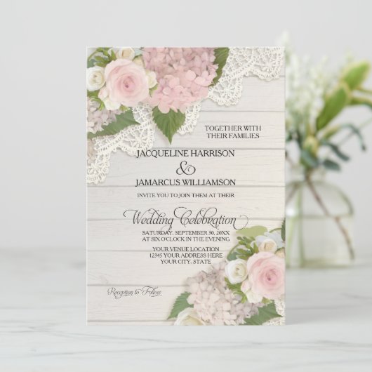 Invitation Rustique Pays dentelle bois n rose Hydrangeas Mari (Debout devant)
