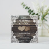 Invitation Rustique Pays Dentelle de bois Mariage Coeurs (Debout devant)