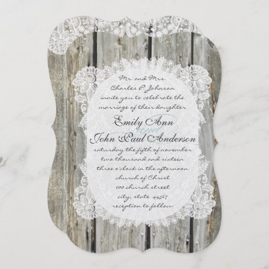 Invitation Rustique Pays Dentelle Grange Bois Mariage Invitat (Devant / Derrière)
