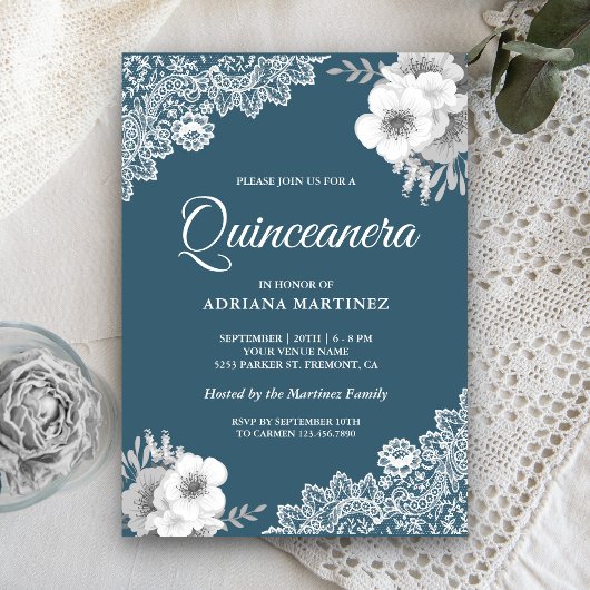 Invitation Rustique Pays Dusty Blue Floral dentelle Quinceane