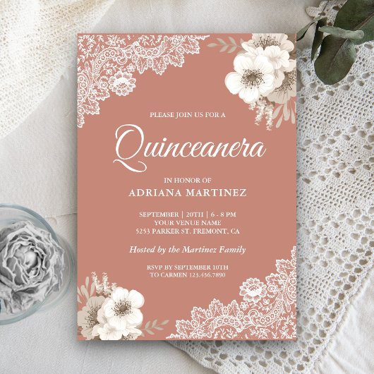 Invitation Rustique Pays Dusty Pêche Floral Dentelle Quincean