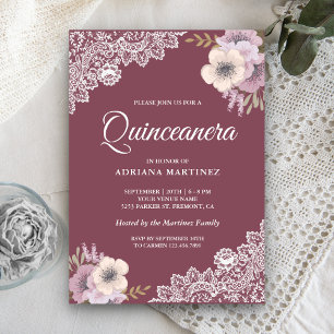 Invitation Rustique Pays Dusty Rose Floral Dentelle Quinceane