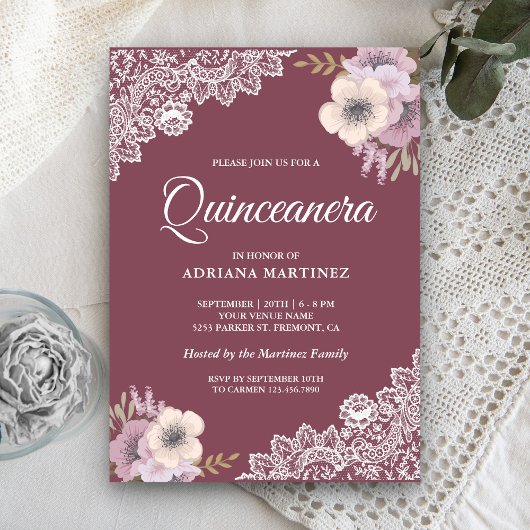 Invitation Rustique Pays Dusty Rose Floral Dentelle Quinceane