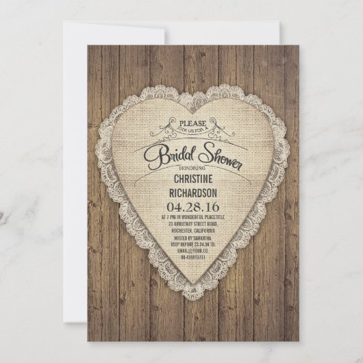Invitation rustique pays en bois dentelle & burlap douche nup (Devant)