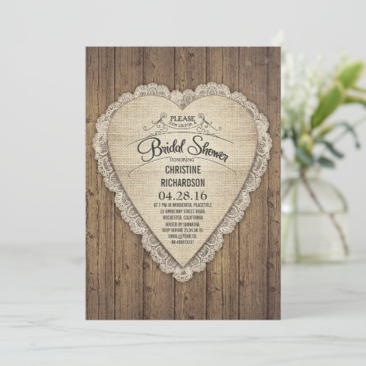 Invitation rustique pays en bois dentelle & burlap douche nup (Debout devant)