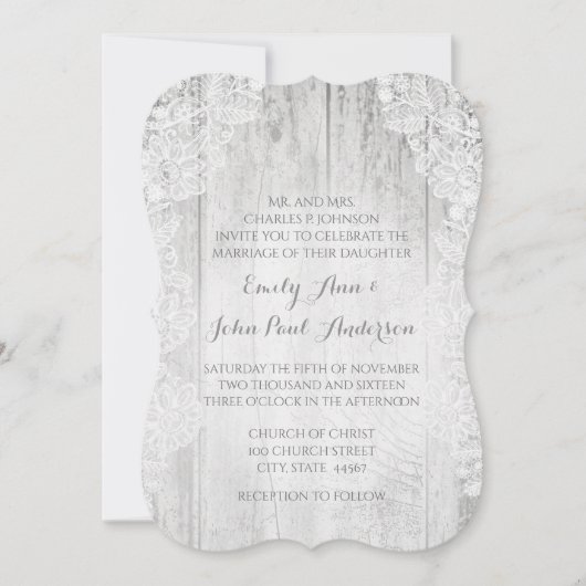 Invitation Rustique Pays Faux Lace Grange Mariage en bois (Devant)