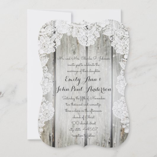 Invitation Rustique Pays Faux Lace Grange Mariage en bois (Devant)
