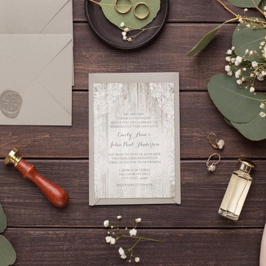 Invitation Rustique Pays Faux Lace Grange Mariage en bois