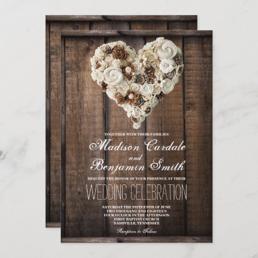 Invitation Rustique Pays Fleur Bois Coeur Mariage Invite (Devant / Derrière)