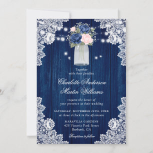 Invitation Rustique Pays Marine Bleu Blush Floral Mariage