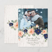 Invitation Rustique Pays Marine Bleu et Pêcher Floral Mariage (Devant / Derrière)