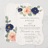 Invitation Rustique Pays Marine Bleu et Pêcher Floral Mariage (Devant / Derrière)