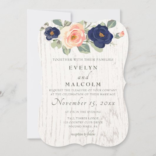 Invitation Rustique Pays Marine Bleu et Pêcher Floral Mariage (Devant)
