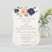 Invitation Rustique Pays Marine Bleu et Pêcher Floral Mariage (Debout devant)