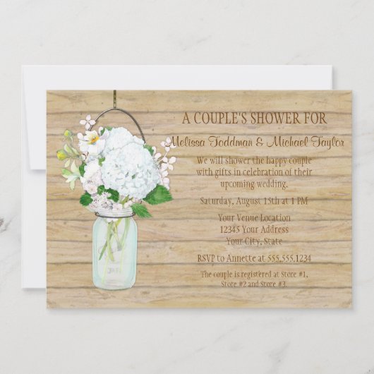 Invitation Rustique Pays Mason Fleurs Jar Blanches Hydrangeas (Devant)
