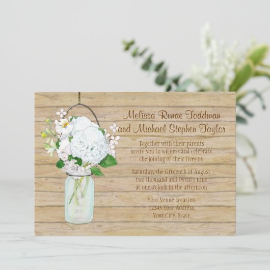 Invitation Rustique Pays Mason Fleurs Jar Blanches Hydrangeas (Debout devant)