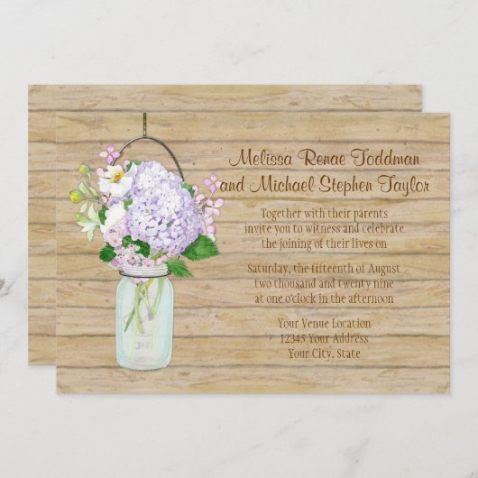 Invitation Rustique Pays Mason Jar Lavender Floral Hydrangea (Devant / Derrière)