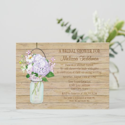Invitation Rustique Pays Mason Jar Lavender Floral Hydrangea (Debout devant)