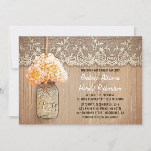 Invitation rustique pays mason jar pêche hydrangea mariage (Devant)