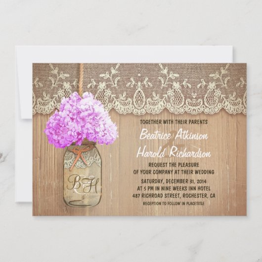 Invitation rustique pays mason jar pourpre hydrangea mariage (Devant)