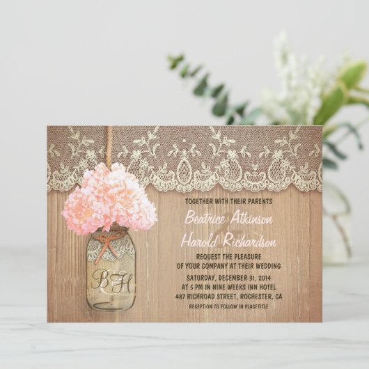 Invitation rustique pays mason jar rose hydrangea mariage (Debout devant)